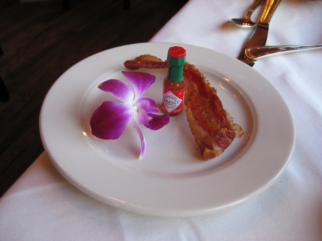 Tabasco decorated with bacon and an orchid!/
