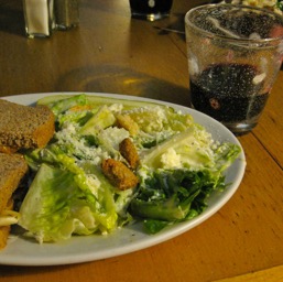 Assana's dinner: ceasar salad, a peanut butter, banana & honey sandwich, red wine!/
		    