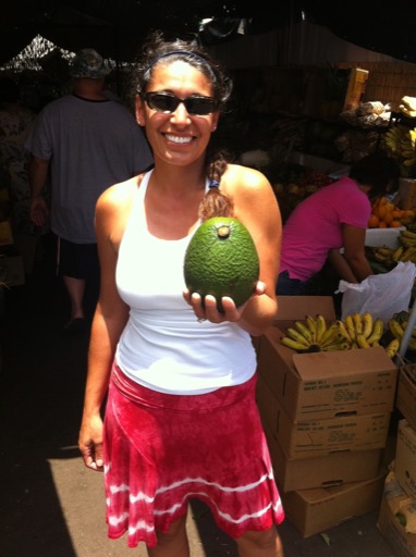 Assana and the giant avacoda at Kailua'a farmer's market