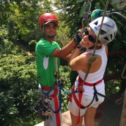 Geared up, ready to go zip-lining/
		    
