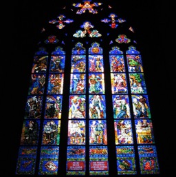 Stained glass at St. Vitus's Cathedral/
		    